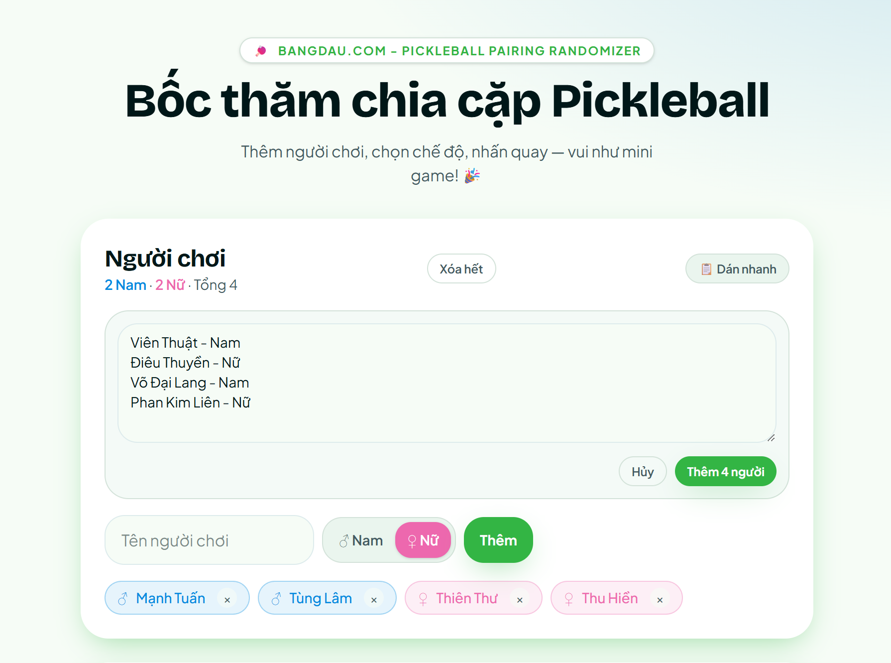 BANGDAU.COM - Pickleball Pairing Randomizer - Screenshot 5