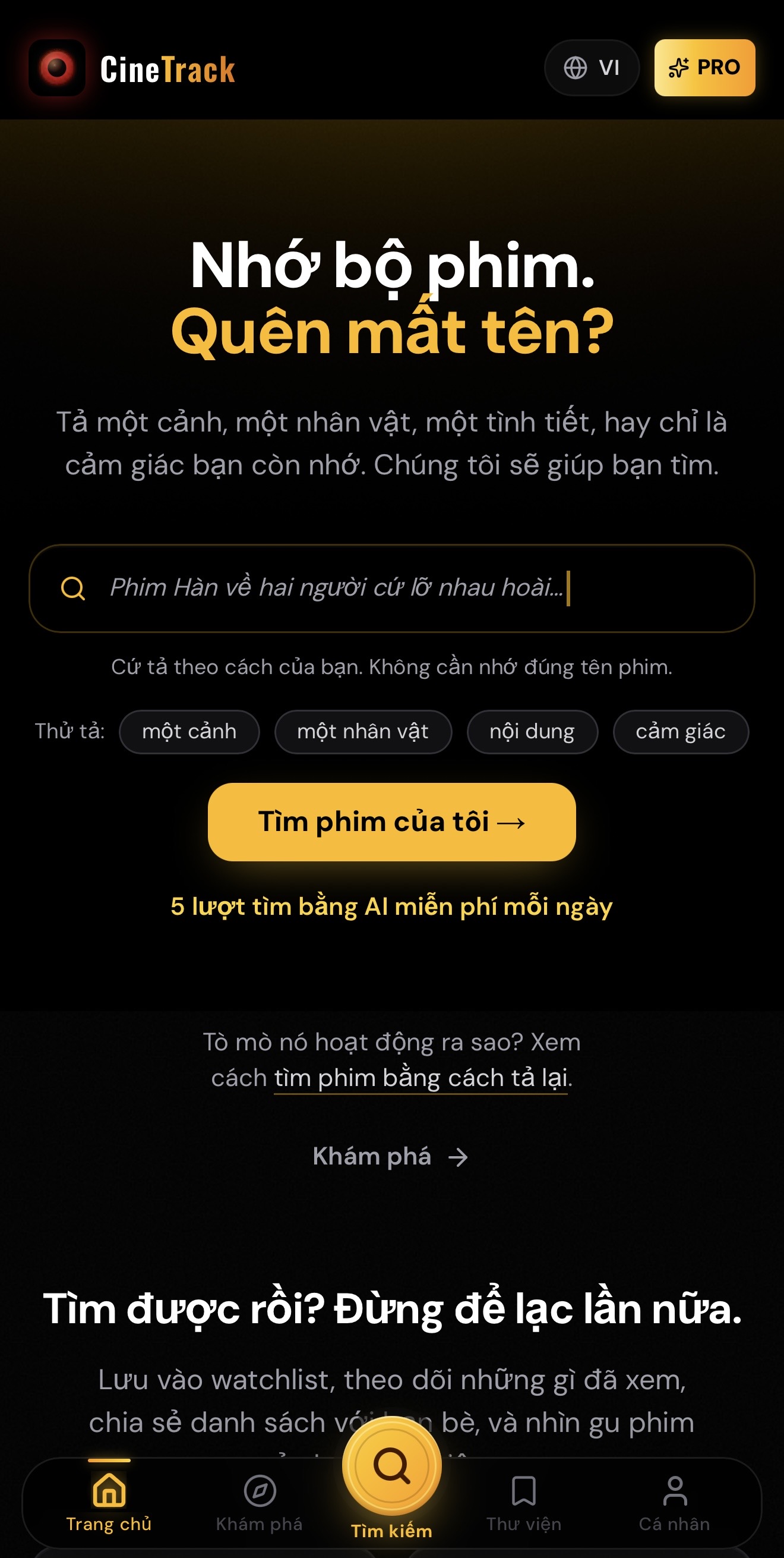 CineTrack — tìm phim bằng cách mô tả, track phim & TV - Screenshot 1