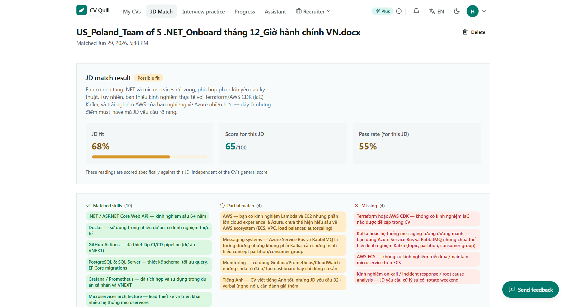 CV Quill — Đánh giá CV, đối chiếu JD & luyện phỏng vấn - Screenshot 1