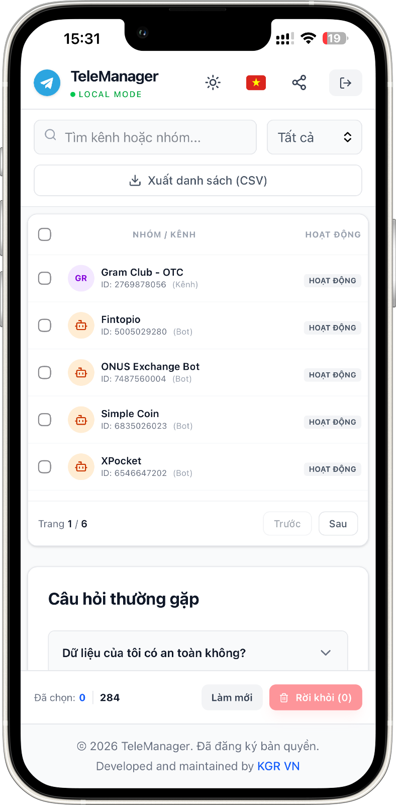 Quản lý rời hàng loạt Nhóm/ Kênh & xóa Bot trên Telegram - Screenshot 3