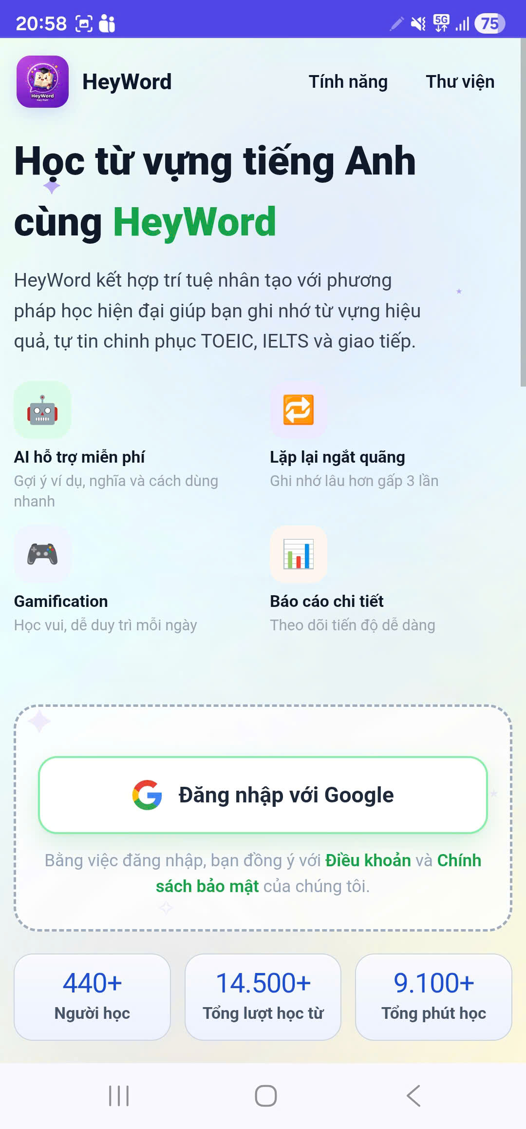 HeyWord — Học Từ Vựng Tiếng Anh TOEIC & Giao Tiếp Bằng AI - Screenshot 2
