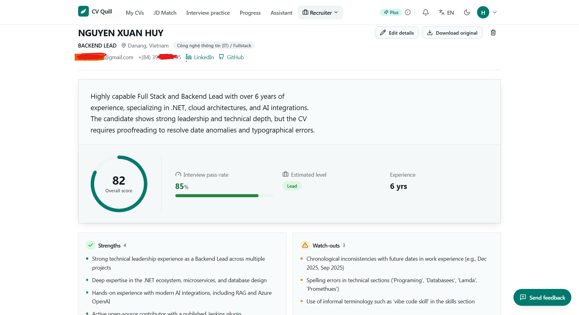 CV Quill — Đánh giá CV, đối chiếu JD & luyện phỏng vấn - Screenshot 3